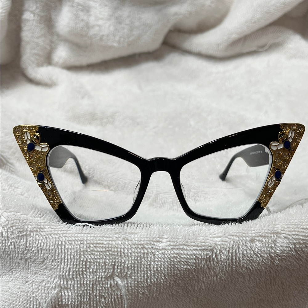 Elegant Black Cat-Eye Glasses with Honey Bee Accents